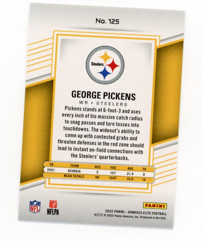2022 Panini Donruss Elite George Pickens RC #125 - #/75 Yellow