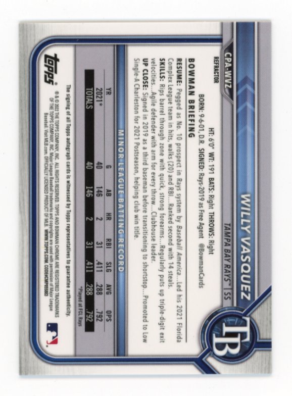 2022 Bowman Chrome Willy Vasquez #CPA-WVZ - Refractor Autograph #/499