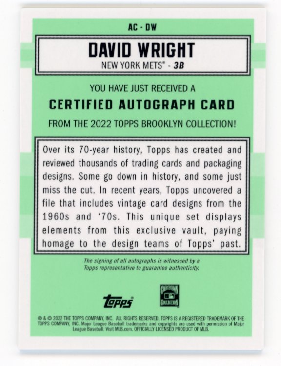2022 Topps Brooklyn Collection David Wright #AC-DW - Autograph #/30