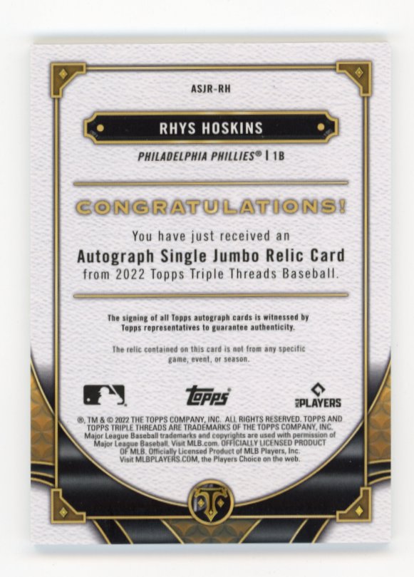 2022 Topps Triple Threads Rhys Hoskins #ASJR-RH - Purple Auto /75