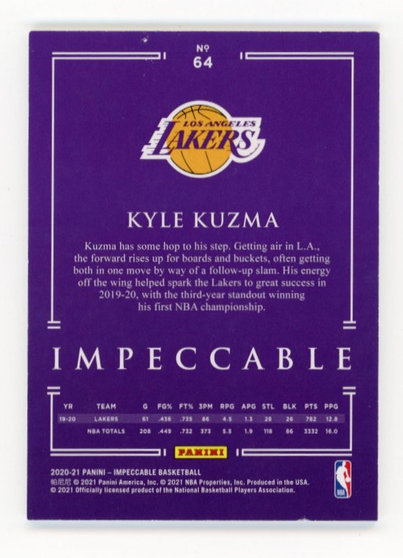 2020/21 Panini Impeccable Kyle Kuzma #64 - #1/1 Platinum