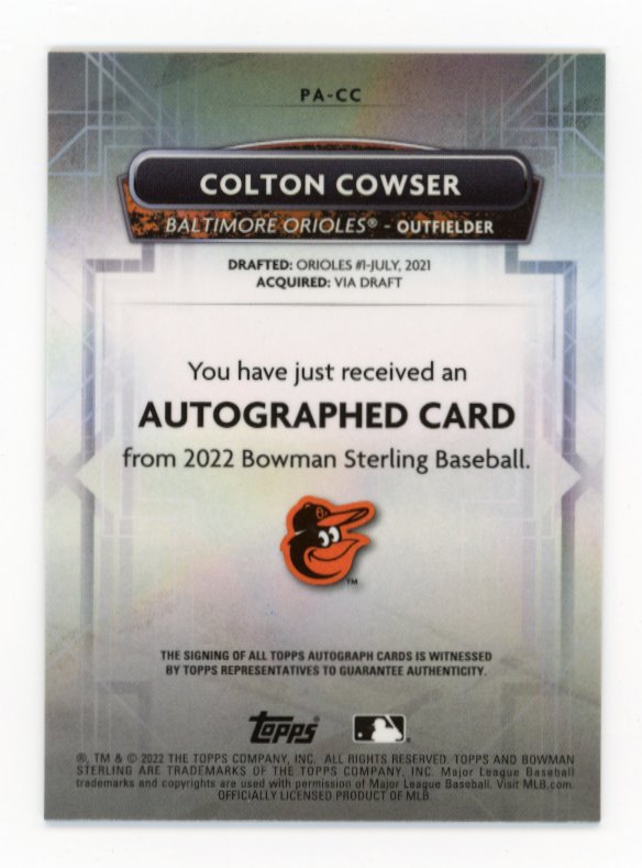 2022 Topps Bowman Sterling Colton Cowser #PA-CC - #/75 Orange Autograph
