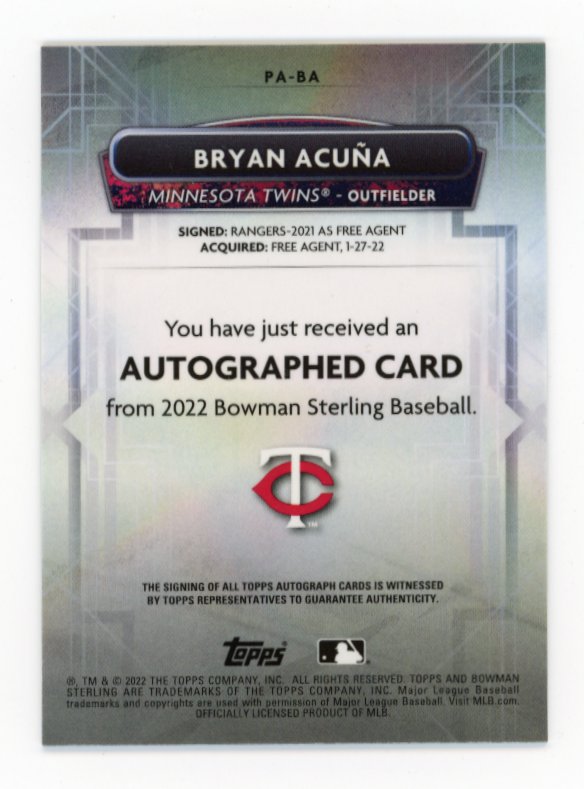 2022 Topps Bowman Sterling Bryan Acuna #PA-BA - #/125 Wave Autograph