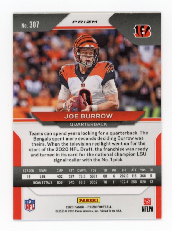 2020 Panini Prizm Joe Burrow RC #307 - Orange Lazer