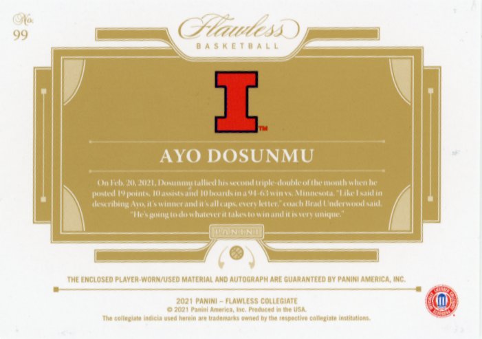 2021 Panini Flawless Collegiate Ayo Dosunmu #99 - #/25 Patch Auto