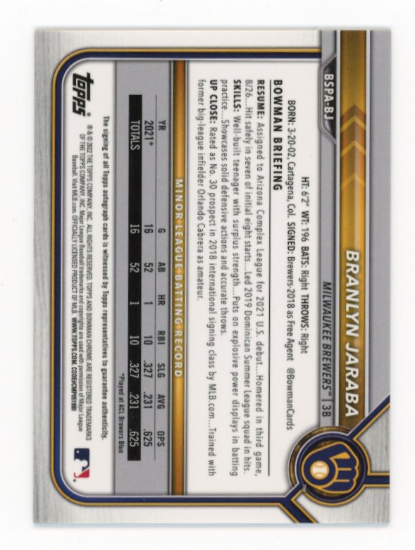 2022 Topps Bowman Chrome Sapphire 1st Branlyn Jaraba #BSPA-BJ - #/99 Teal