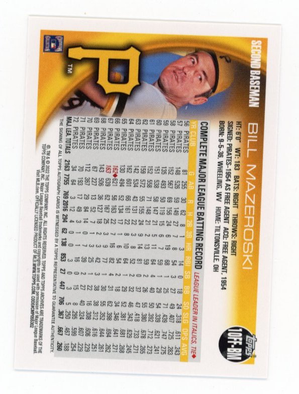 2022 Topps Archives Fan Favorites Bill Mazeroski #10FF-BM - Autograph