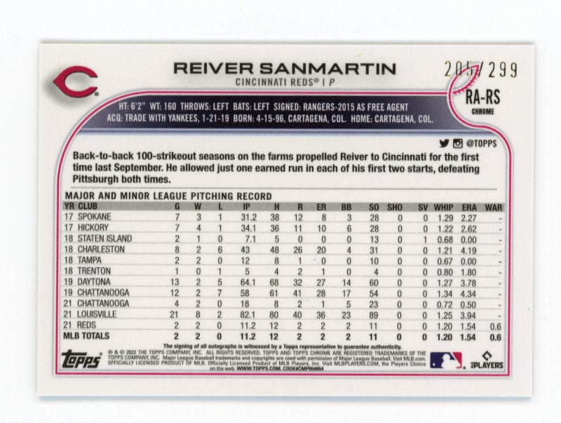 2022 Topps Chrome Reiver Sanmartin #RA-RS - #/299 Purple Sparkle Autograph