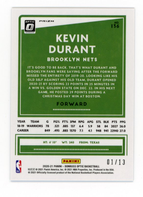 2020-21 Panini Donruss Optic Kevin Durant #136 - #/13 FOTL Purple Stars