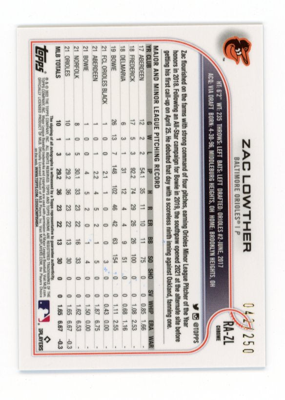 2022 Topps Chrome Zac Lowther #RA-ZL - #/250 Purple Autograph