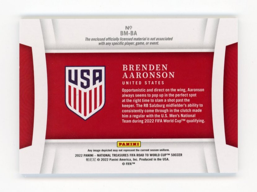2022 Panini National Treasures FIFA Brenden Aaronson Road to the World Cup #BM-BA - #/40 Relic