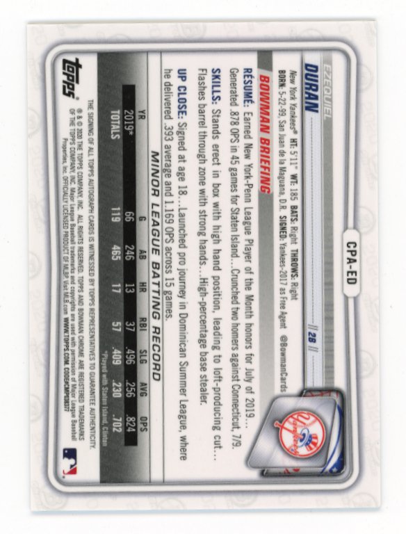 2020 Bowman Chrome Ezequiel Duran #CPA-ED - Autograph