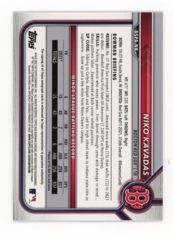 2022 Topps Bowman Sapphire First Niko Kavadas #BSPA-NK - Autograph