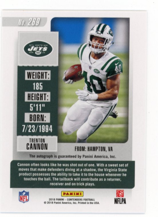 2018 Panini Contenders Trenton Cannon Playoff Ticket RC #269 - #/99 Auto