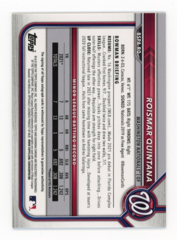 2022 Topps Bowman Sapphire Roismar Quintana 1st #BSPA-RQ - Autograph