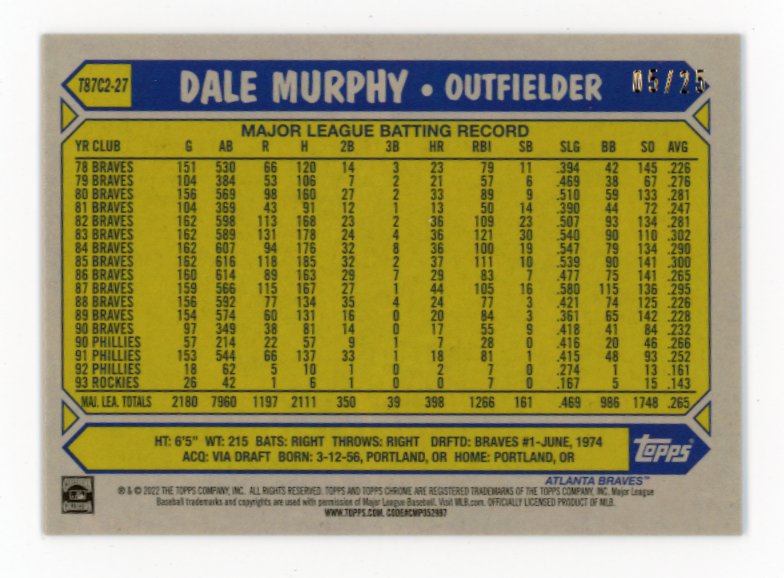 2022 Topps Chrome Dale Murphy #T87C2-27 - #/25 Orange Mojo