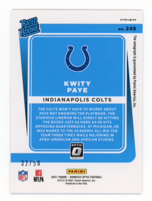 2021 Panini Donruss Optic Kwity Paye Rated Rookie #248 - #/50 Autograph