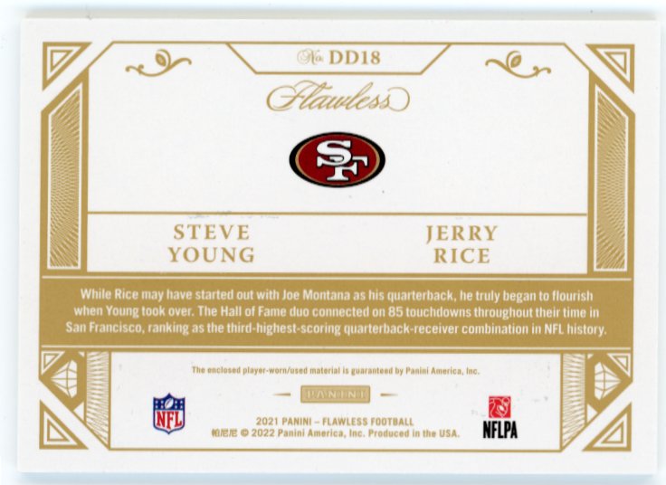 2021 Panini Flawless Steve Young Jerry Rice #DD18 - #1/10 Dual Jersey Patch