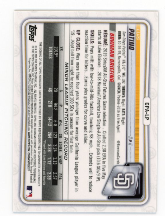 2020 Bowman Chrome Luis Patino #CPA-LP - #/50 Gold Autograph