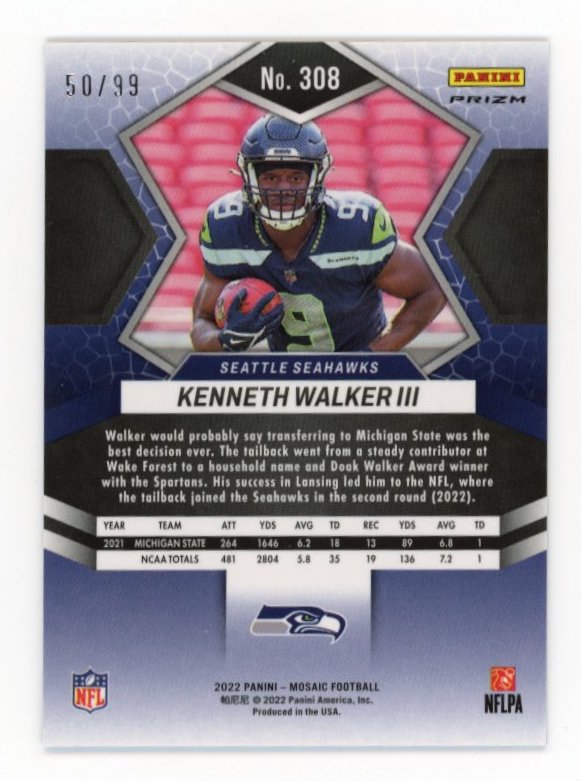 2022 Panini Mosaic Kenneth Walker III RC #308 - Blue Mosaic #/99