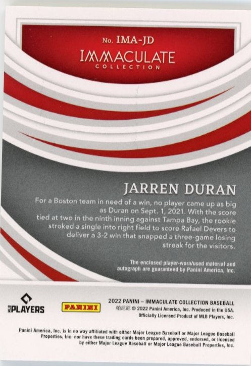 2022 Panini Immaculate Collection Jarren Duran RC #IMA-JD - Patch Autograph #/8