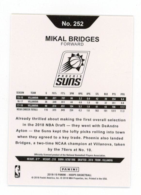 2018-19 Panini Hoops Mikal Bridges #252 - Refractor #/199