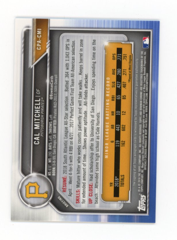 2019 Bowman Chrome Cal Mitchell #CPA-CMI - Sparkle Refractor Autograph #/299