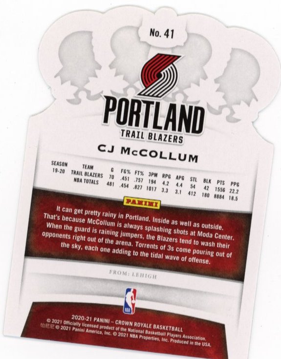 2020-21 Panini Crown Royale CJ McCollum #41 - Green Die Cut #/21