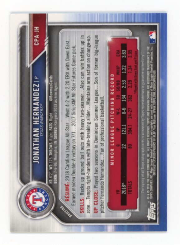 2019 Bowman Chrome Jonathan Hernandez RC #CPA-JH - Atomic Refractor Autograph #/100