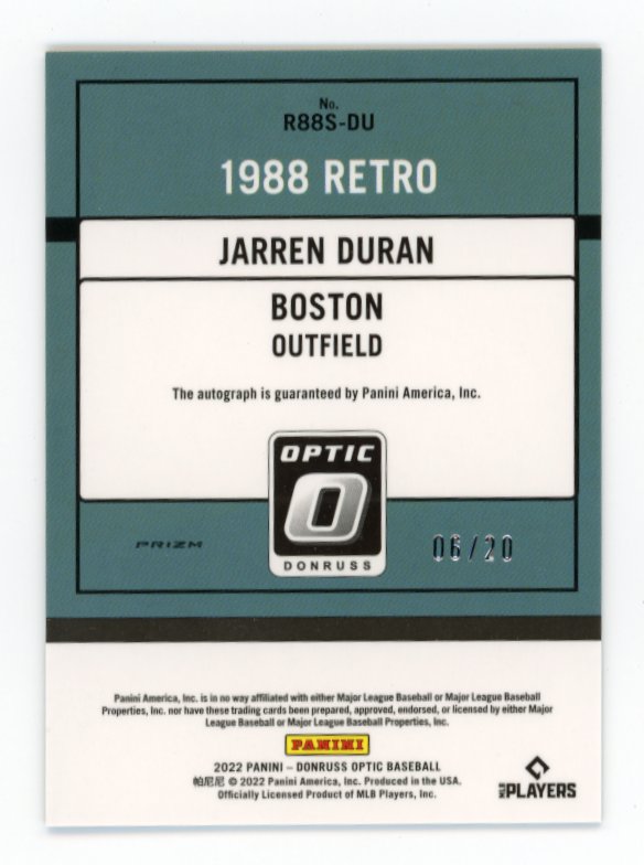 2022 Donruss Optic Jarren Duran #R88S-DU - Autograph #/20