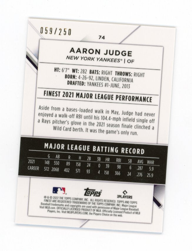 2022 Topps Finest Aaron Judge #74 - Purple Refractor #/250