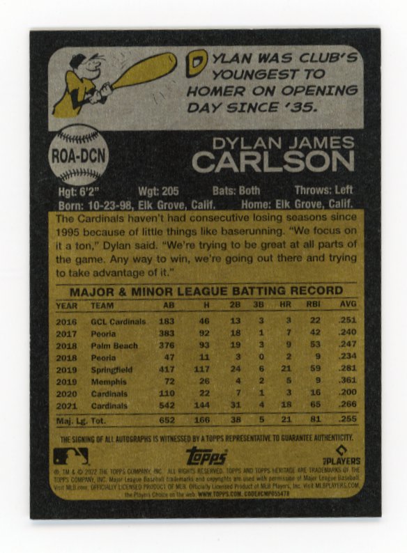 2022 Topps Heritage Dylan Carlson #ROA-DCN RC - Autograph