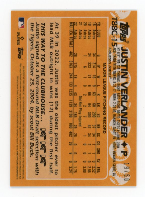 2023 Topps Justin Verlander #TBBC-15 - Gold Refractor #/50