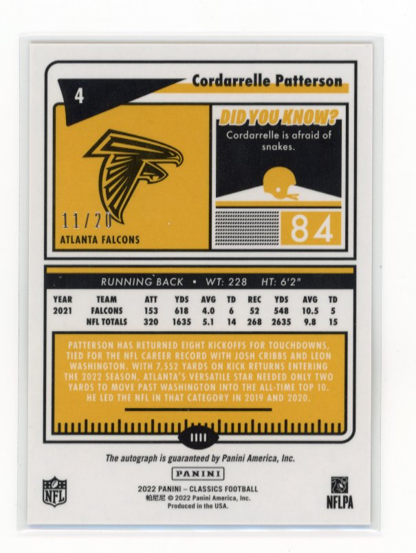 2022 Panini Classics Cordarrelle Patterson - Autograph Gold #/20