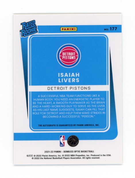2021/22 Panini Donruss Optic Isiah Livers #177 - Autograph
