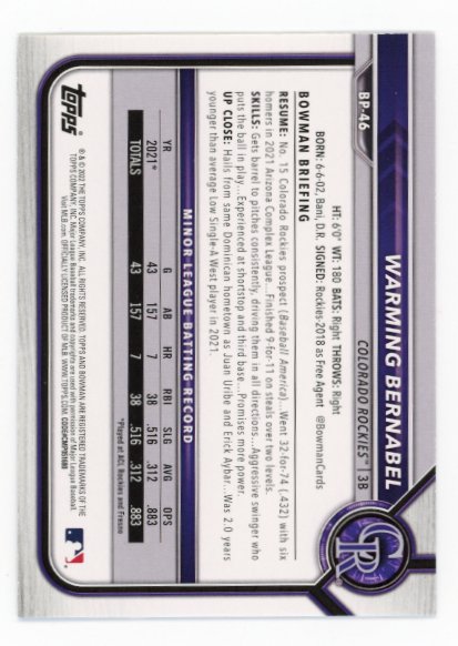 2022 Bowman Chrome Warming Bernabel #BP-46 - #/150