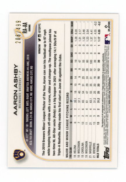2022 Topps Chrome Aaron Ashby #RA-AA - #/499 Refractor Autograph
