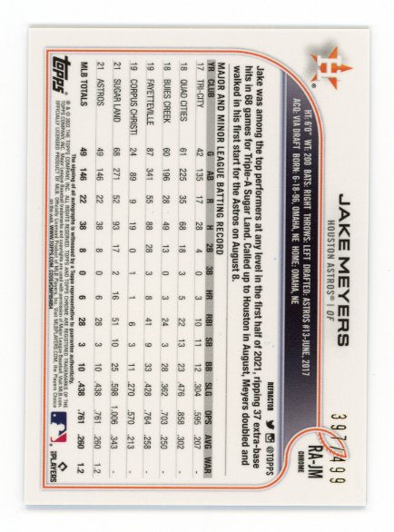 2022 Topps Chrome Jake Meyers #RA-JM - #/499 Autograph