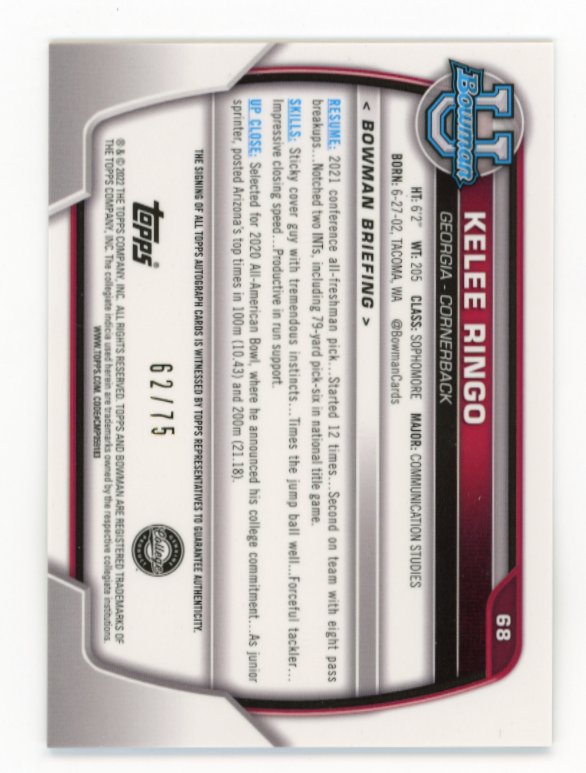 2022 Topps Bowman University Kelee Ringo 1st Bowman #68 - Autograph Gold #/75 Georgia
