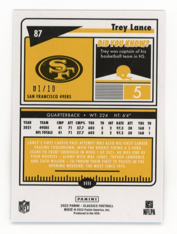 2022 Panini Classics Trey Lance #87 - #/10 49ers