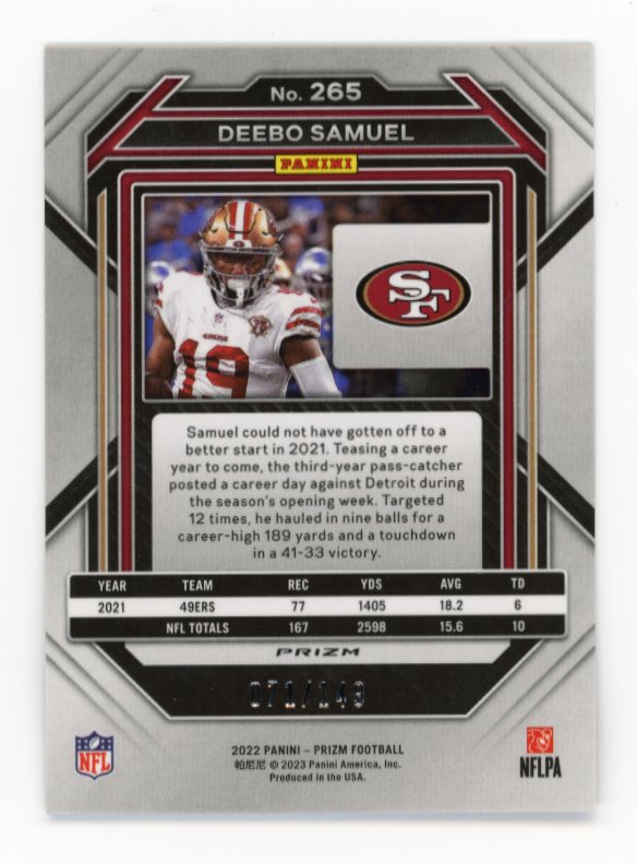 2022 Panini Prizm Deebo Samuel #265 - Red #/149 49ers