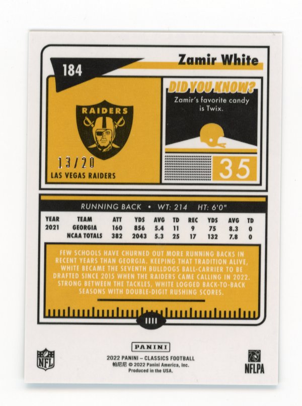 2022 Panini Classics Zamir White RC #184 - Green #/20 Raiders