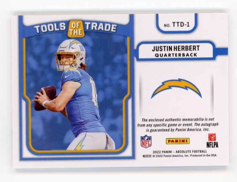 2022 Panini Absolute Justin Herbert Tools of the Trade #TTD-1 - Autograph Double Relic #/25 Chargers