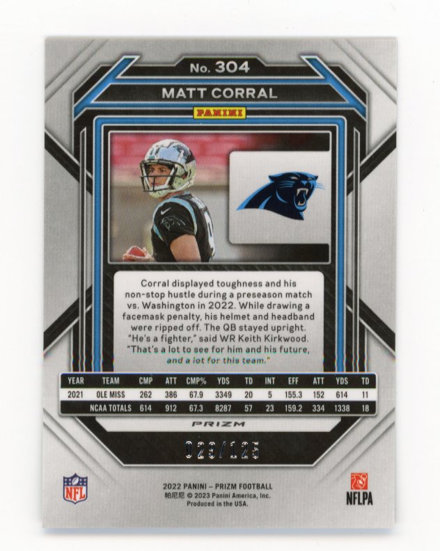 2022 Panini Prizm Matt Corral RC #304 - Purple #/125 Panthers