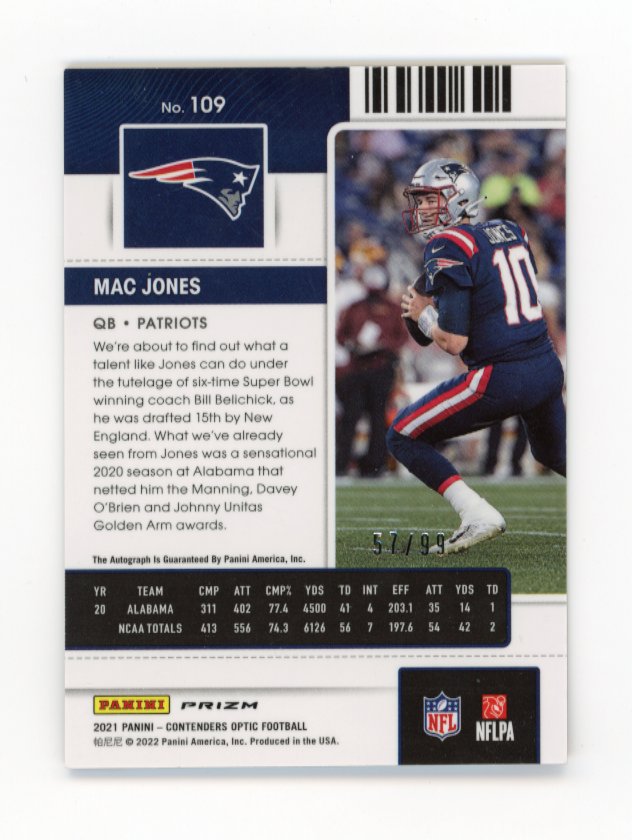 2021 Panini Contenders Optic Mac Jones Rookie Ticket RC #109 - Autograph #/99 Patriots