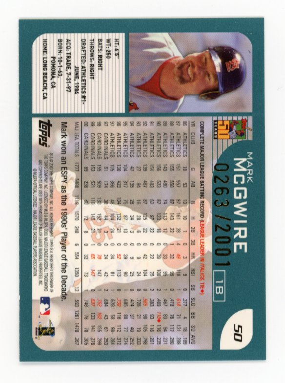 2000 Topps Mark McGwire 50 Years #50 - #/2001 Cardinals