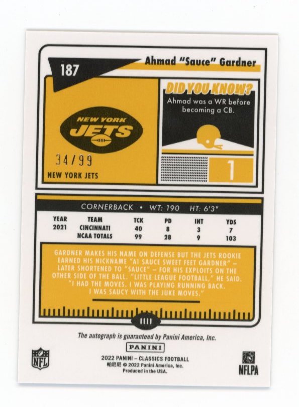 2022 Panini Classics Ahmad "Sauce" Gardner #187 - Bronze Autograph #/99 Jets