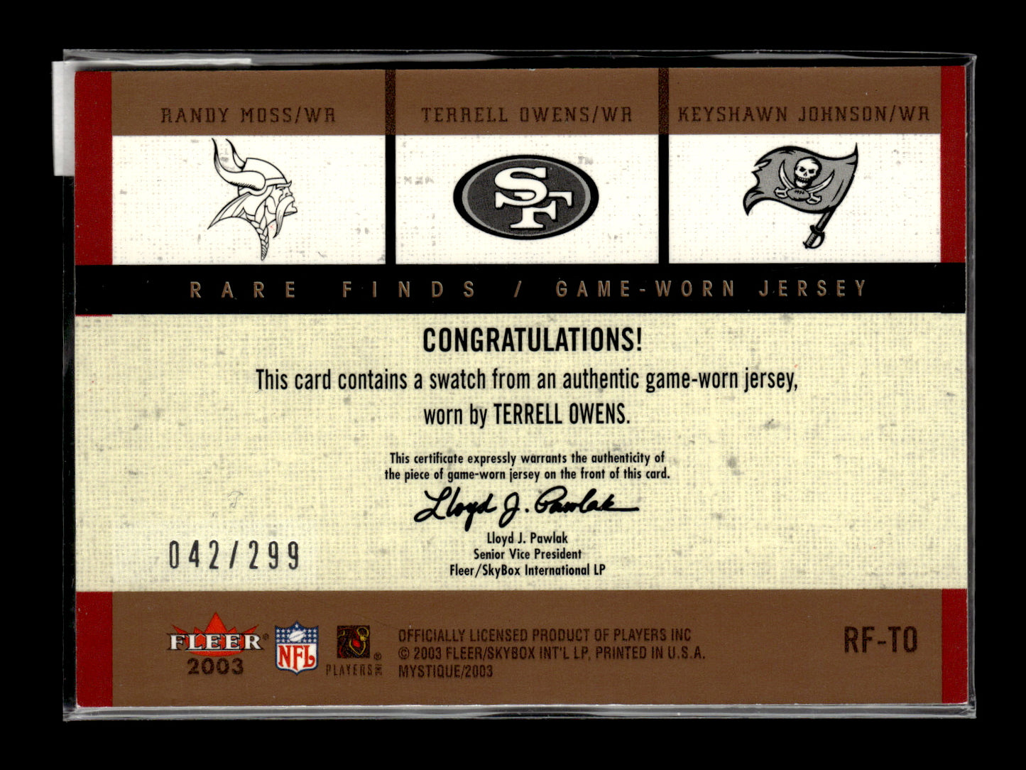 2003 Fleer Moss/Owens/Johnson #RF-TO - Jersey Patch #/299 49ers