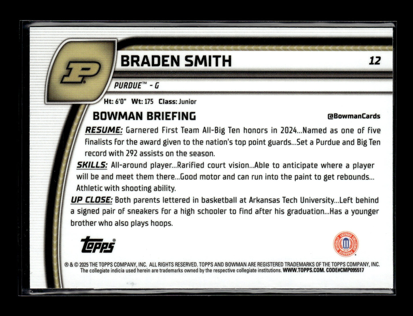 2025 Topps Bowman Chrome Braden Smith #12 - Green #/75 Purdue