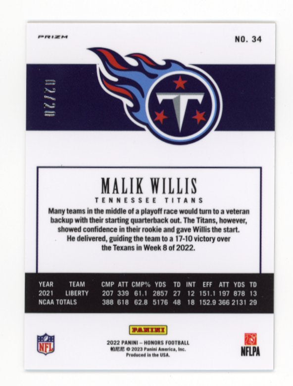 2022 Panini Honors Malik Willis RC #34 - #/20 Titans